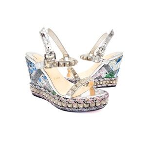 Christian Louboutin Sequin Silver Studded Espadrille Platform Sandals EU 37